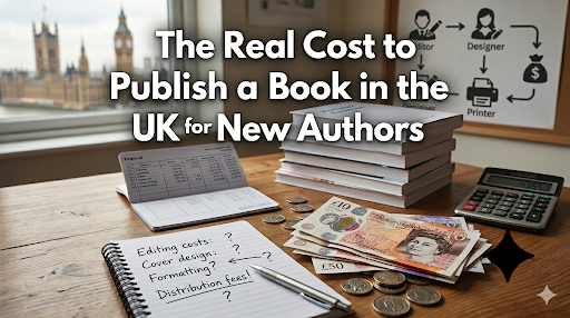 Notepad with publishing costs written on it, money and a calculator on a table.