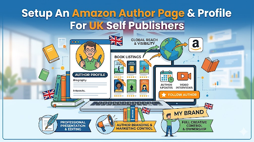 A laptop screen displaying Amazon author page and profile features.