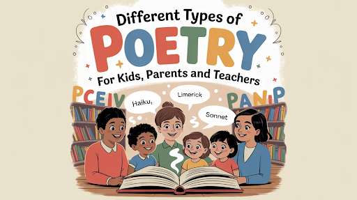 A bunch of kids huddled together learning about poems in a library..