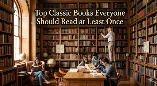 People sitting around a library table reading books and an elderly man in the background browsing the book shelf.