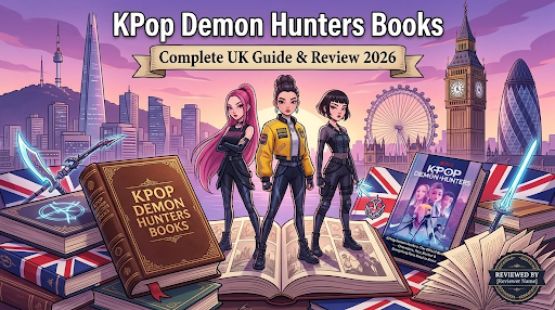 The Kpop Demon Hunter trio standing in front of the London skyline, in ready poses with books & swords lying around them.