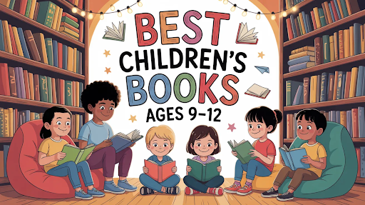 A bunch of kids huddled together reading books while seated on the library floor.