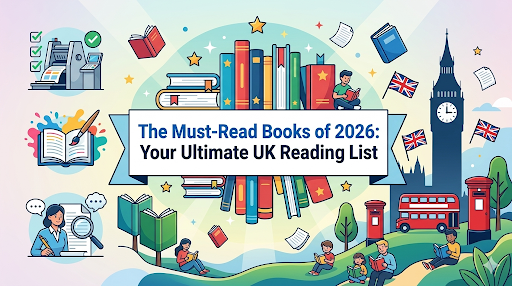 An infographic displaying children reading book, Big Ben London and a bundle of books in the center.