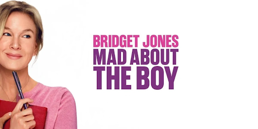 Bridget Jones standing while holding her diary and a pen, smiling and looking hopeful.