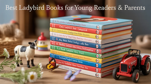 A stack of ladybird books with a toy tractor, sheep and butterflies around them.