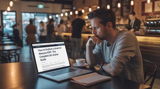 A rookie author looking at an Amazon KDP Publishing guide in a cafe.