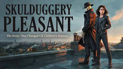 Skulduggery and Valkyrie standing back to back on a house's rooftop overlooking Dublin.