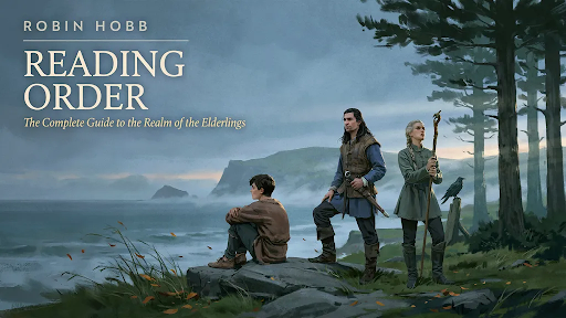 Three characters from the Elderlings Realm standing on a rocky beach with a forest behind them.