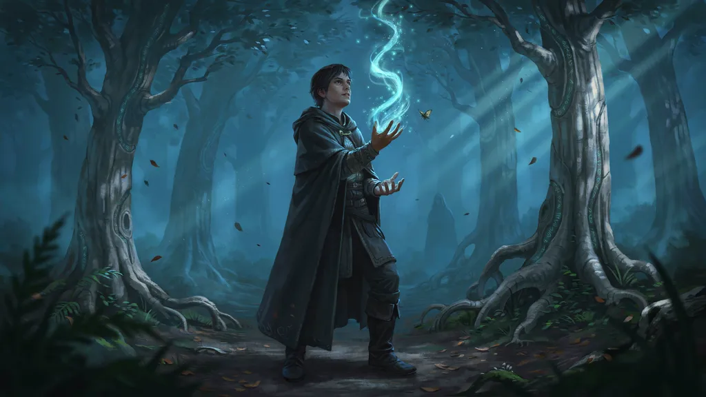 A sorcerer harnessing his magical powers with a dark forest in the background.