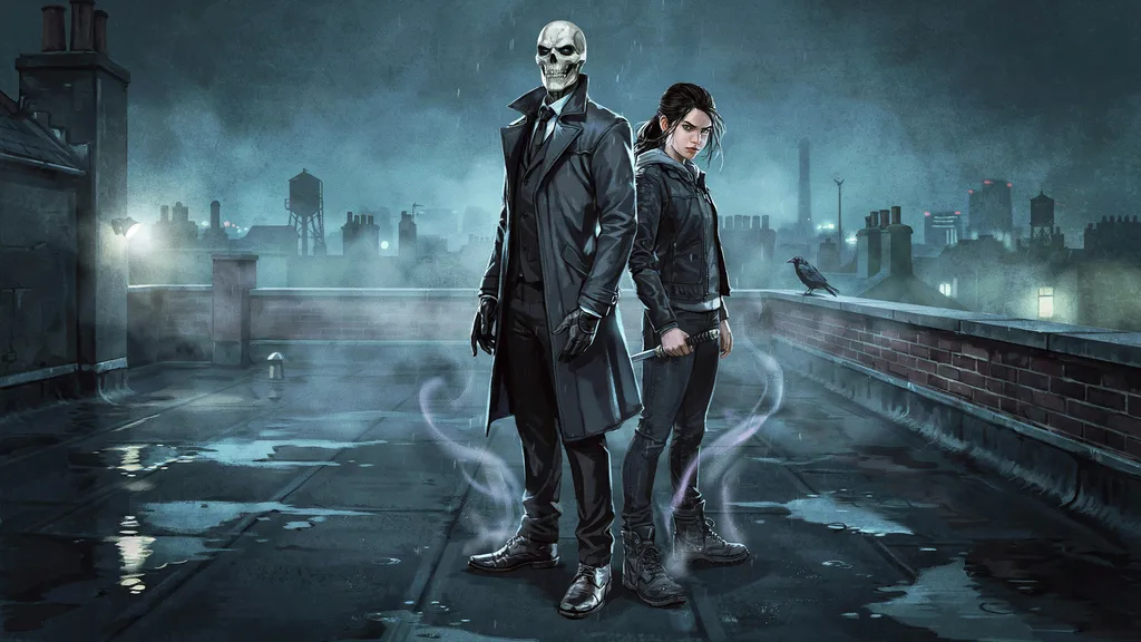 Skulduggery and Valkyrie standing on a dark rooftop in rainy weather with fog.