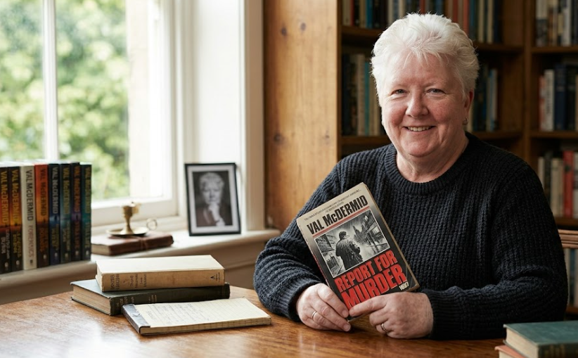 Val McDermid holding her book “Report for Murder (1987)”.
