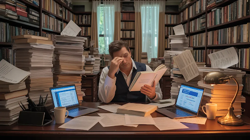 An author looking tired of looking at all the options sitting in his study and holding a manuscript.