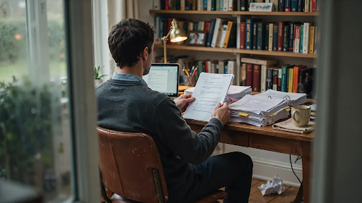 A budding author looking at his finished manuscript in his study.