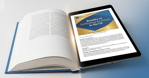 Open physical book lying next to a tablet displaying an article titled Benefits of Publishing an Ebook in the UK