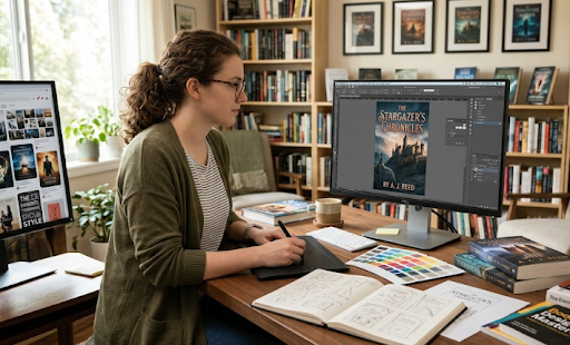 A UK-based book cover designer working on a book cover design.