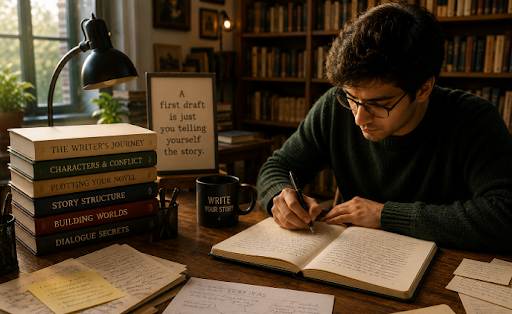 A writer writing a book at a desk with a laptop, notebook, coffee, and writing materials.