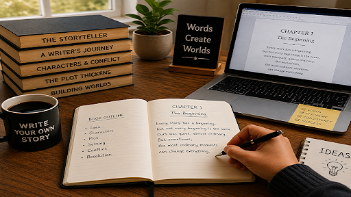 A writer writing a book at a desk with a laptop, notebook, coffee, and writing materials.