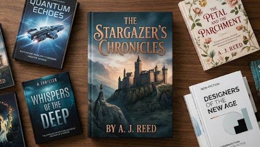 Books kept on a wooden table, each with unique cover designs.