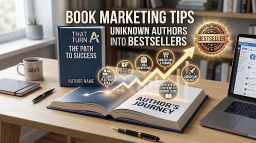 An open book with a rising sales graph and glowing bestseller stars overlaying the pages, symbolising book marketing success