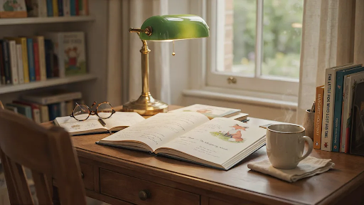 An open children’s book under a desk lamp and cup of tea.