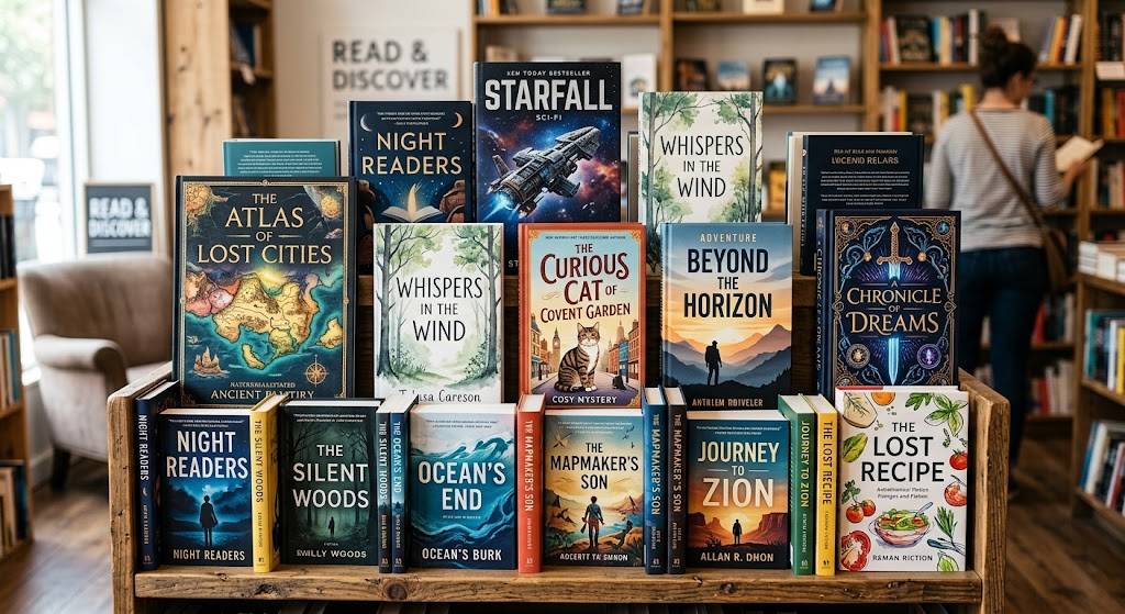 Multiple book cover designs facing front stacked over one another.