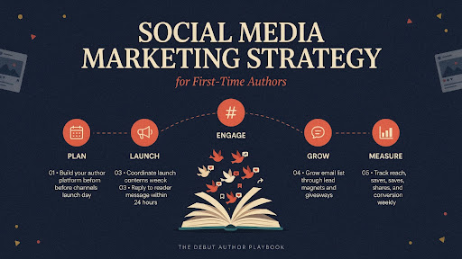 A social media marketing strategy flow chart with an illustration of a book.